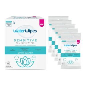 WaterWipes Sensitive Feminine Wipes, 99.9% Purified Water, pH Friendly for Daily Intimate Care, Gynecologist Approved, Fragrance Free, 50 Count (5 Packs)