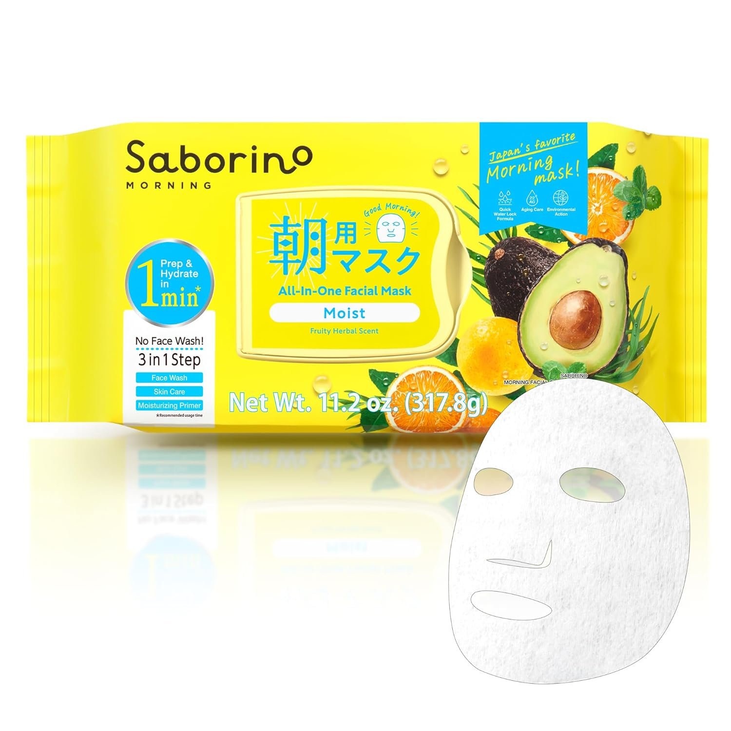 Saborino Morning Moist Facial Sheet Mask, Japanese 1-Minute Face Mask for Prep & Hydrate, All-in-One Skincare, Fruity Herbal Scent, 32 Sheets