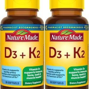Nature Made Vitamin D3 K2, 5000 IU (125 mcg) Vitamin D, Dietary Supplement for Bone, Teeth, Muscle and Immune Health Support, 30 Softgels, 30 Day Supply – Pack of 2