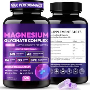 Magnesium Glycinate Complex 1150mg – Gentle on Stomach High Absorption Magnesium Capsules with Citrate, Silica, Ashwagandha & Vitamin B6 for Zzz, Stress Relief, Muscle Support for Adults, Women & Men