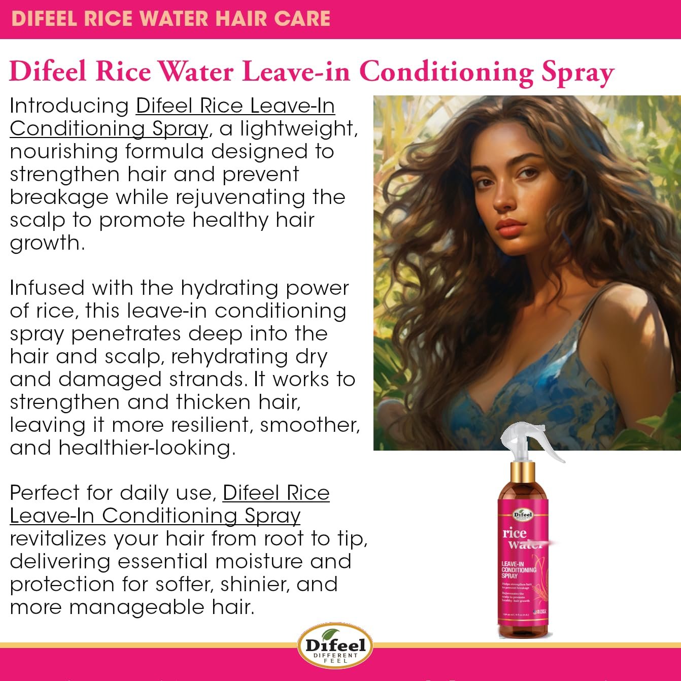 Difeel Rice Water Leave-in Conditioning Spray 8 oz. - Spray Leave in Conditioner For Dry Damaged Hair - Image 3