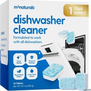 Dishwasher Cleaner & Deodorizer Tablets, Fights Grime, Grease, Limescale, Residue & Odor, Heavy Duty Cleaning Descaler Pods, Septic Safe, 24 Fresh Apple Scented Tablets, 1-Year Supply, by M3