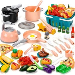 CUTE STONE Kids Kitchen Playset, 45PCS Pretend Cooking Toy Set with Play Pots & Pans, Pressure Cooker, Play Food, Cooking Utensils & Shopping Basket, Toy Kitchen Accessories Gift for Boys Girls