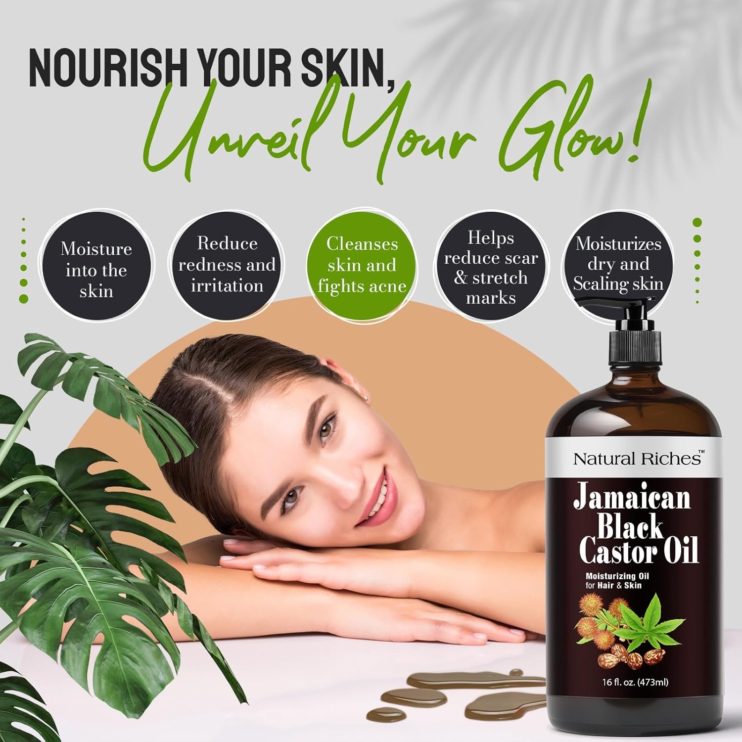 Natural Riches Jamaican Black Castor Oil Glass Bottle Pure Organic Cold Pressed for Hair Growth Skin Care for Dry Skin Conditioning Eyebrows Eyelashes Scalp and Nail Moisturizes & Repairs 16fl.oz. - Image 6