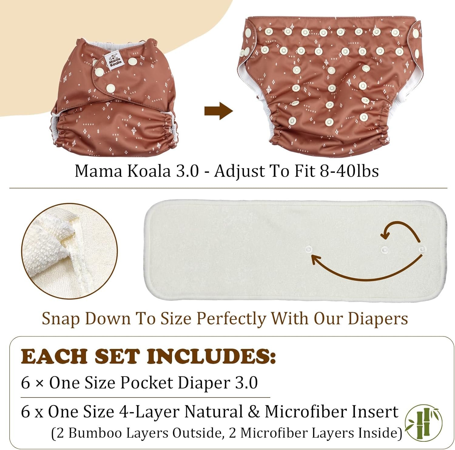 Mama Koala 3.0 Pocket Cloth Diapers for Babies with AWJ Lining, 6 Pack with 6 4-Layer Natural Cloth Diaper Inserts - Reusable and Washable Pocket Diapers(Simply Neutrals) - Image 6