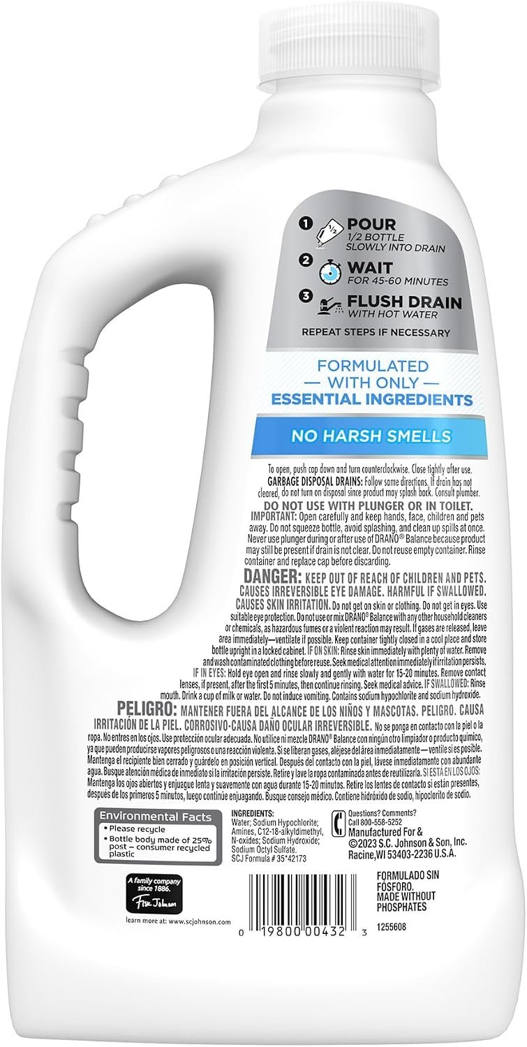 Drano Balance Drain Clog Remover and Cleaner, Non-Corrosive Formula, Safe on All Pipes and Septic Tanks, Formulated Using Only Essential Ingredients, 32 Fl Oz - Image 10