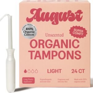 August Light Tampons – Easy-Glide Long Applicators – 24-Pack 100% Organic Cotton Tampons for Women, Non-Toxic, Fragrance-Free, and Hypoallergenic