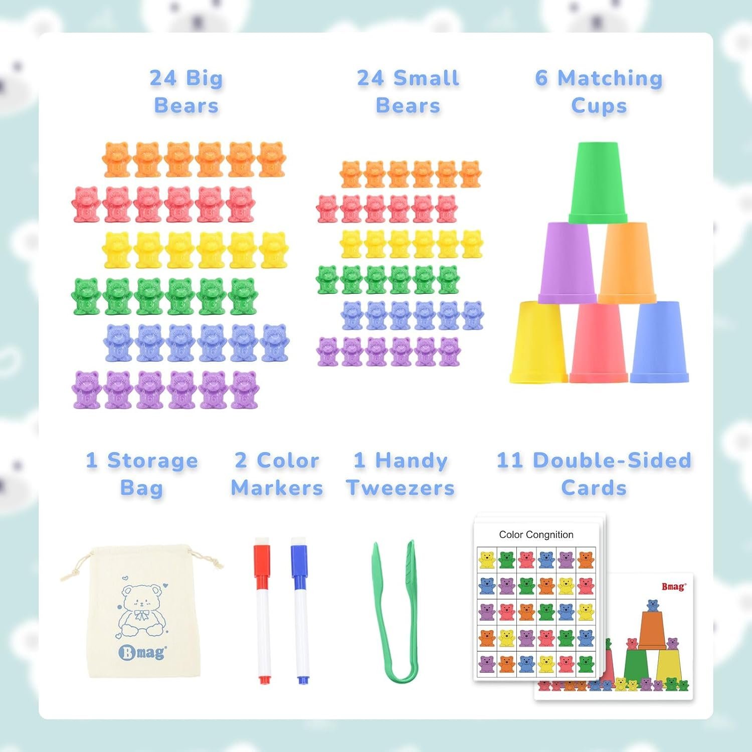 Bmag Counting Bears with Matching Sorting Cups, Preschool Math Learning Game with 24 Big Bears, 24 Little Bears, STEM Educational Learning Activities Gifts for Kids Age 3 4 5 Year Old - Image 7