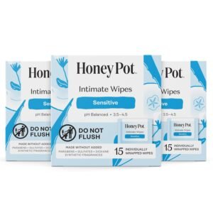 The Honey Pot Company – Feminine Wipes – Sensitive – Individually Wrapped – pH Balancing, Herbal Infused Plant-Based Feminine Care – Great for Travel & Period Kits – 15ct (Pack of 3)