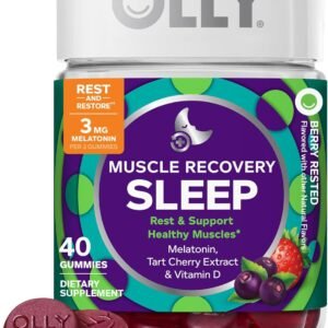 OLLY Muscle Recovery Sleep Gummies, Sleep and Healthy Muscle Support,* 3mg Melatonin, Tart Cherry Extract, Vitamin D, Berry Rested Flavor, 20 Day Supply – 40 Count