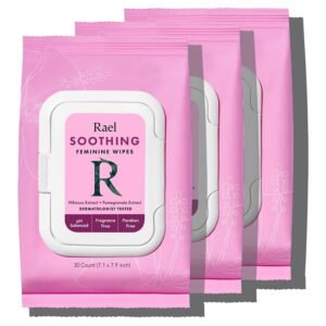 Rael Feminine Wipes, Flushable, Travel Size, All Skin Types, Daily Use (Soothing, 30 Count Pack of 3)