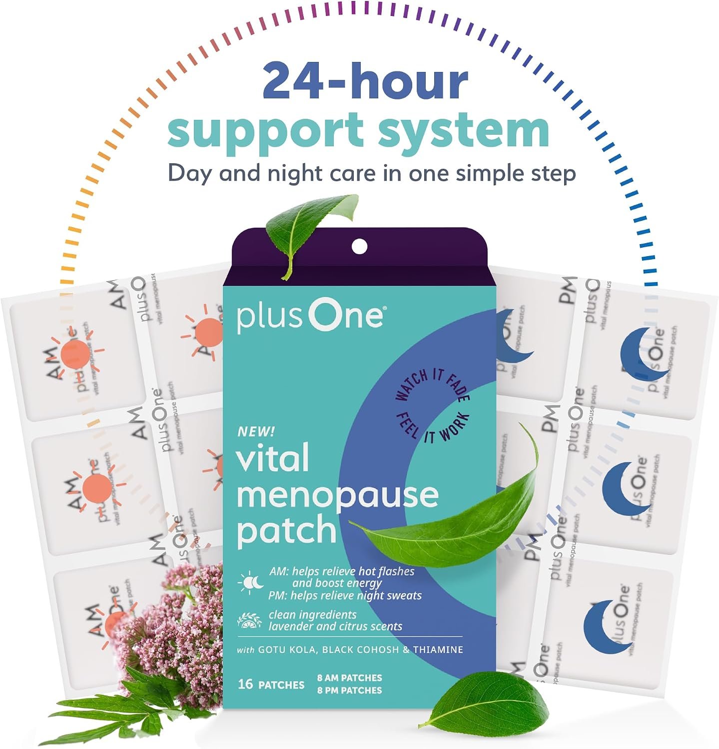plusOne Vital Menopause Patches AM & PM – Hot Flash & Night Sweat Support – Promotes Energy & Sleep – Herbal Arjuna Daily Patches – 16ct | Herbal Arjuna Daily Patches, Promotes Energy & Sleep - Image 2
