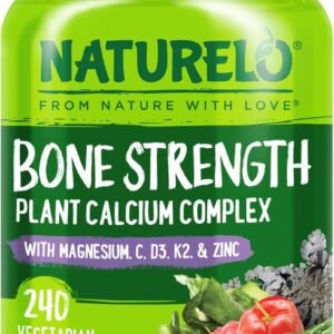 NATURELO Calcium Supplement – with Vitamin C, Vitamin D3, K2, and Calcium Magnesium Zinc for Bone Strength with Calcium 600mg – Plant-Based, 240 Vegetarian Capsules, Non-GMO, Soy & Gluten-Free