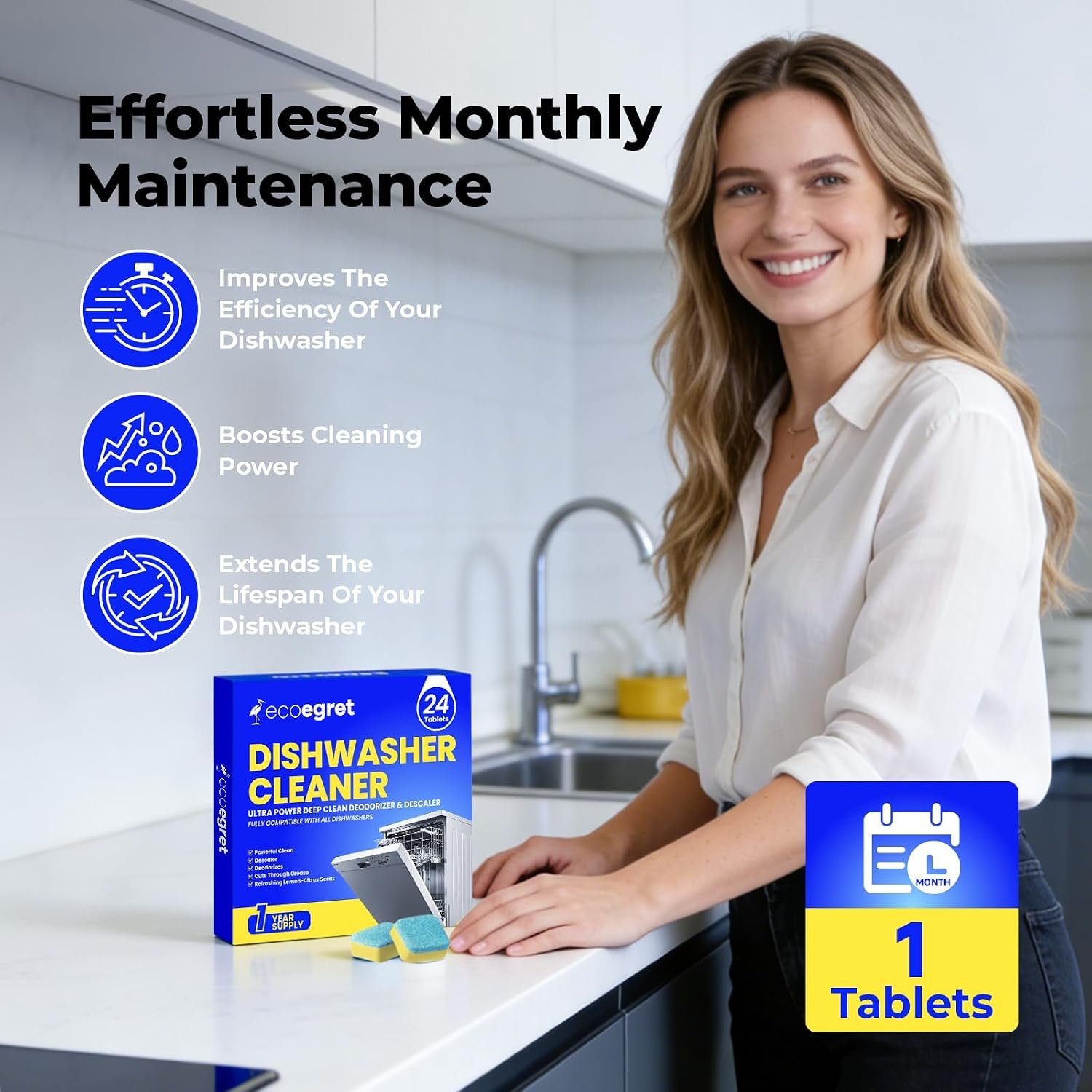 Dishwasher Cleaner Tablets (24 Count) - with Fresh Lemon Scent Dishwasher Cleaner and Deodorizer, Deep Cleans & Descales, Fits All Dishwashers, Septic Safe, 12 Month Supply - Image 6