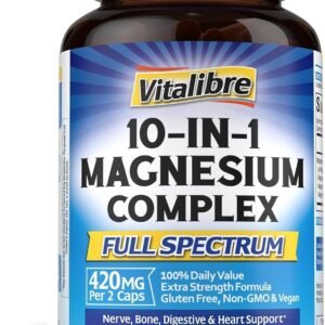 Vitalibre 10 in 1 Magnesium Complex, 420mg Elemental Magnesium | Ultra Strength, Max Absorption | Chelated Magnesium Supplement for Nerves, Bone & Heart Health | Non-GMO, 120 Vegan Capsules