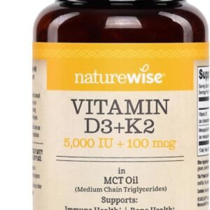 NatureWise Vegan Vitamin D3 + K2 with Organic Coconut MCT Oil – Natural D3 5000IU + Natural K2 100mcg – High Absorption Bone Support – Soy & Gluten Free – USA Manufactured – 30 Softgels[30-Day Supply]