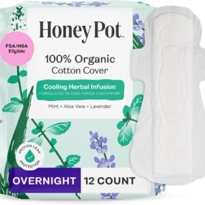 The Honey Pot Company – Herbal Pads for Women – Overnight w/Wings – Infused w/Essential Oils for Cooling Effect & Organic Cotton Cover – Feminine Care – 12 ct