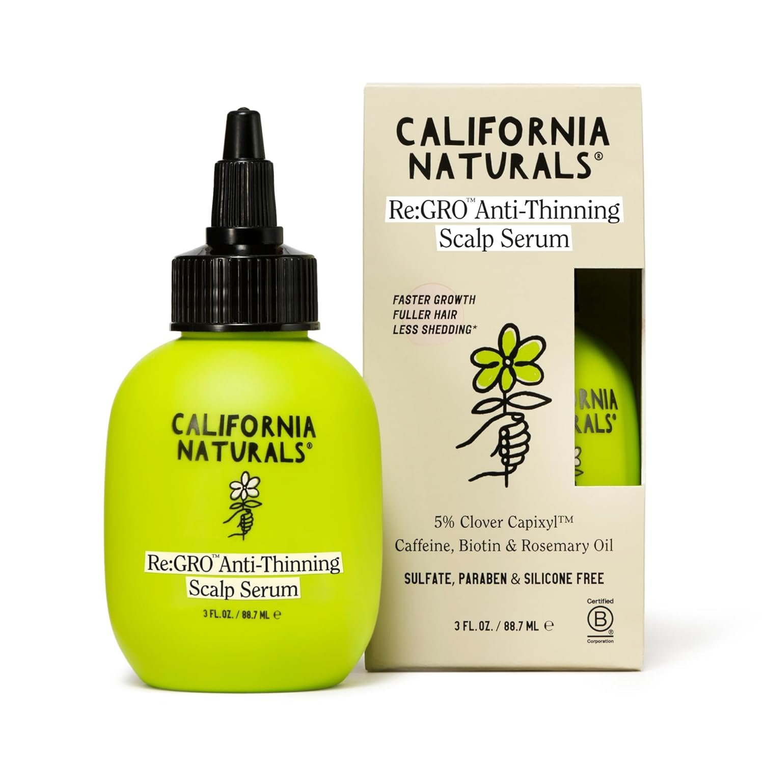 California Naturals Women's Re:GRO Anti-Thinning Scalp Serum, 5% Capixyl with Biotin, Caffeine & Castor and Rosemary Oil, Non-Sticky Cooling Formula, Vegan & Cruelty Free, 3oz