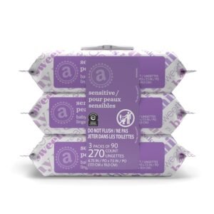 Amazon Elements Baby Wipes, Sensitive, Unscented, Cleans Gently, 270 Count, Flip-Top Packs, Pack of 3