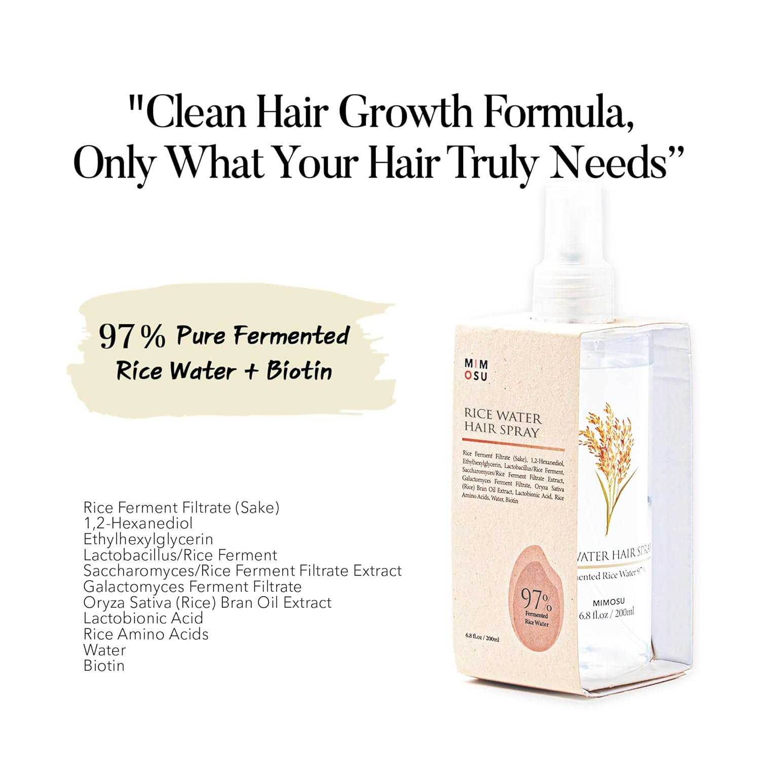 mimosu 97% Rice Water Hair Growth Spray - Fermented Rice Water & Biotin Serum, PHA Toner, Korean hair care Formula, 6.8fl.oz - Image 2