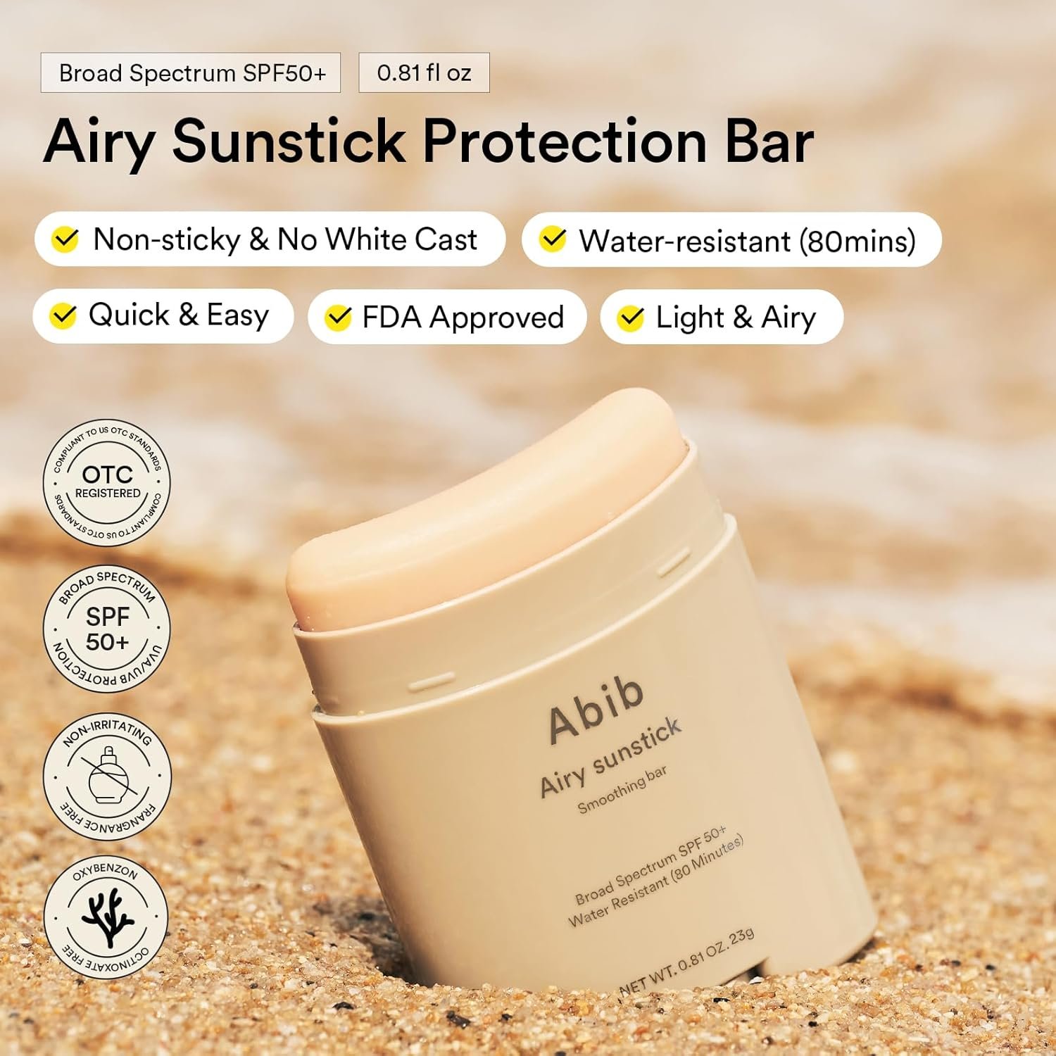 Abib Airy Sunstick Protection Bar SPF50+ Broad Spectrum, Semi-Matte Sunscreen Stick for Oily & Combination Skin, No White Cast, Water-Resistant, Korean Sunscreen, 0.81 oz / 23 g - Image 2