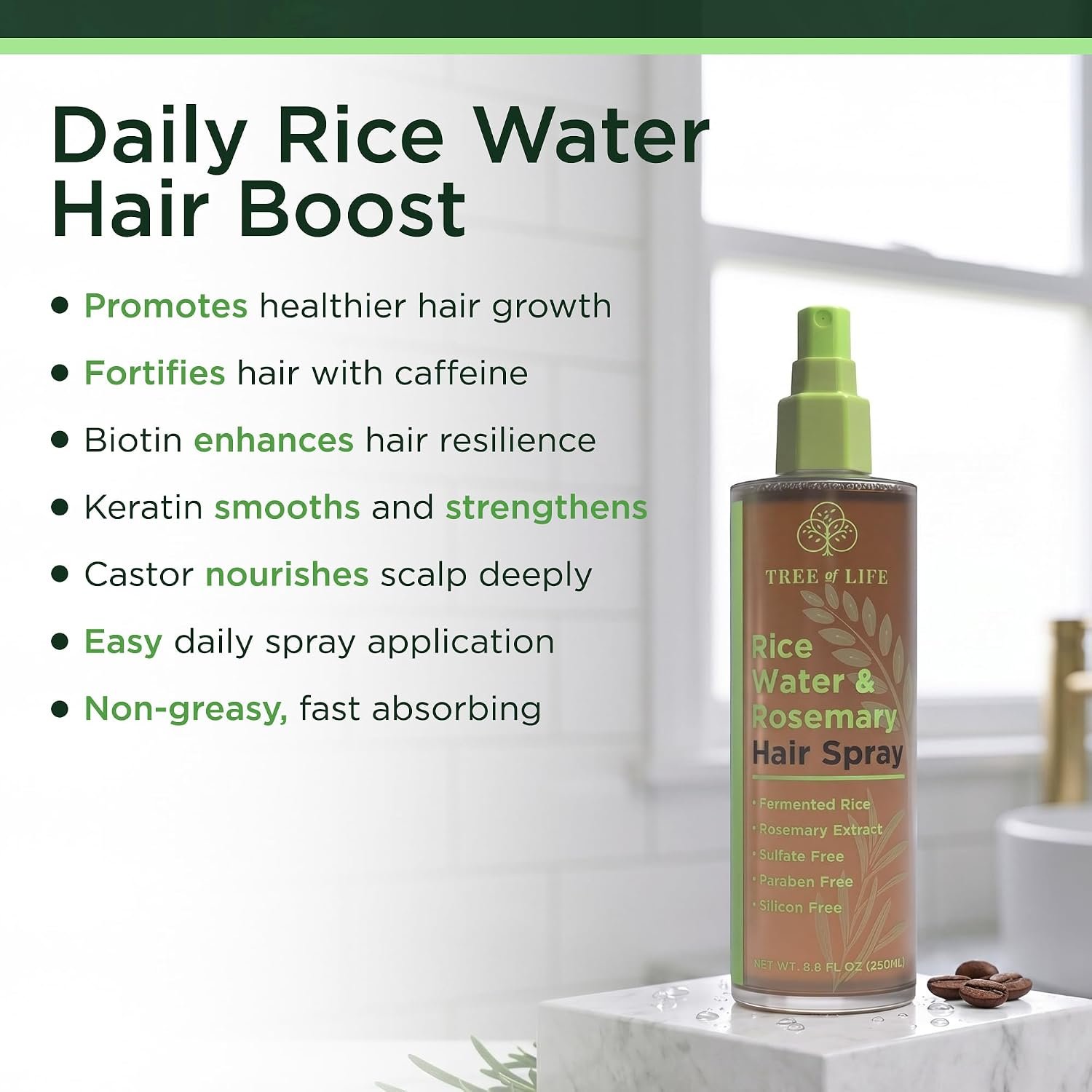 Rice Water Hair Spray Rosemary Water Spray for Hair Growth (8.8 fl oz) - Hair Thickening Fermented Rice, Caffeine, Rosemary Extract, Biotin, Keratin and Castor Oil Scalp Care - Image 4