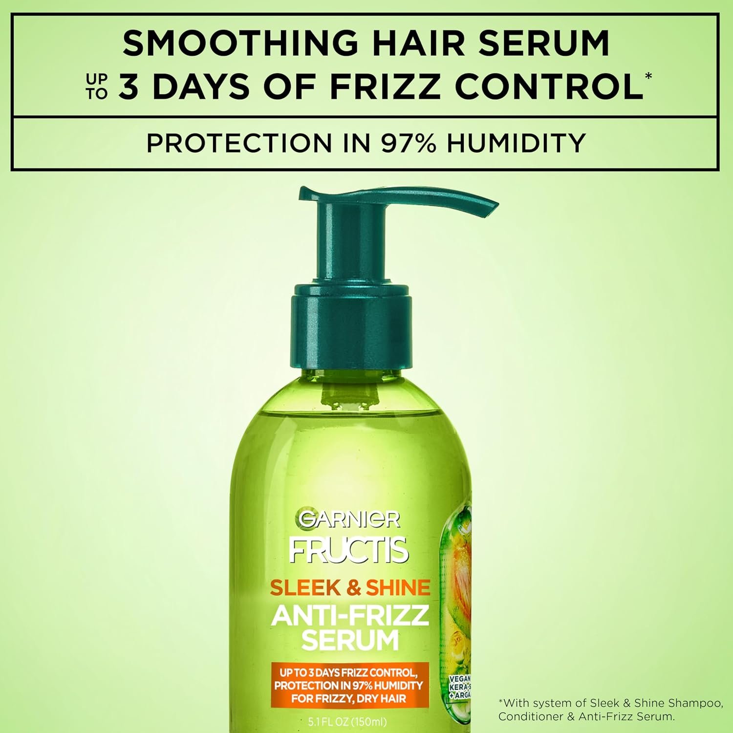 Garnier Fructis Sleek & Shine Anti-Frizz Hair Serum for Frizzy, Dry Hair, Leave-In Argan Oil Infused Formula with Up to 72HRs of Frizz Control, Smooths Flyaways & Boosts Hair Shine, 5.1 Fl Oz - Image 2