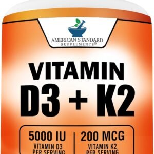 American Standard Supplements Vitamin D3 5000 IU (125mcg) Plus Vitamin K2 (MK7) 200mcg Per Capsule – Gluten Free, Non-GMO, 120 Capsules, 120 Servings, 120 Day Supply