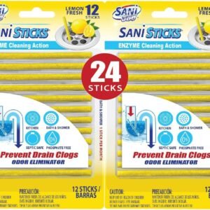 SANI 360° Sani Sticks Drain Cleaner and Deodorizer, 24 Count, Lemon Scent Enzyme Pipe Cleaners, Eliminate Odors, Prevent Clogged Drains, Safe for Sinks, Bathtub Drains, Septic Tanks
