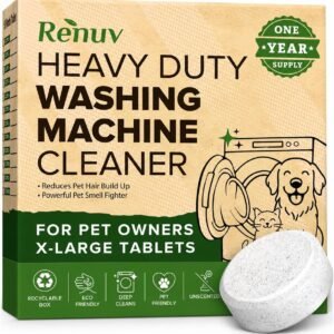 Renuv® Heavy Duty Washing Machine Cleaner For Pet Owners, 12 XL Tablets | For Dog & Cat Hair, Removes Stink, Odor, Residue, Grime, Front Load or Top Load Washer, HE and Septic Safe, 1 Year Supply