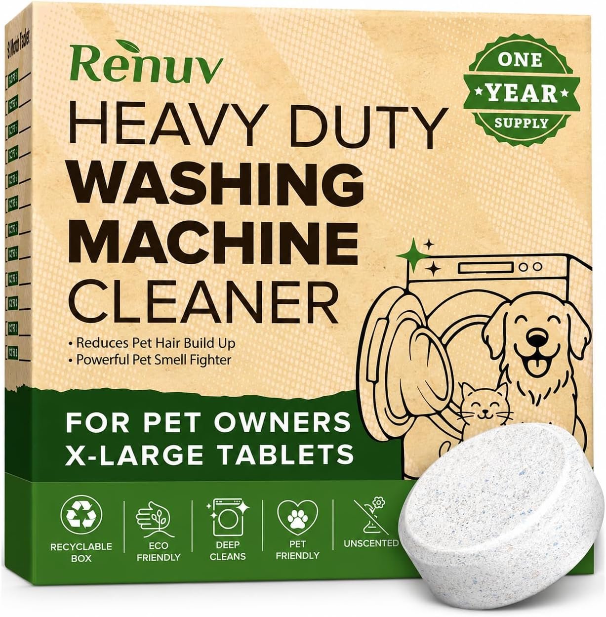 Renuv® Heavy Duty Washing Machine Cleaner For Pet Owners, 12 XL Tablets | For Dog & Cat Hair, Removes Stink, Odor, Residue, Grime, Front Load or Top Load Washer, HE and Septic Safe, 1 Year Supply