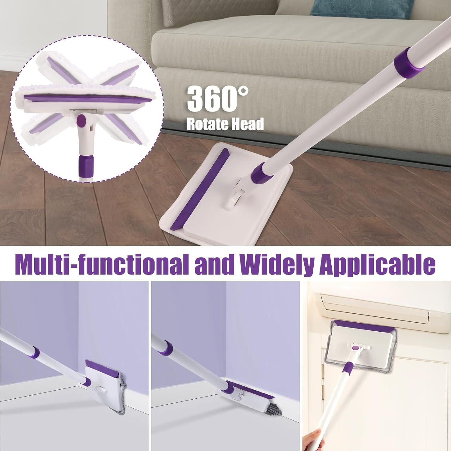 Baseboard Cleaner Tool with Handle, 60" Extendable Long Handle Baseboard Cleaner with 5 Reusable Pads for Baseboards Cleaning, Ceiling, Wall, Floor, Bathroom Kitchen - Image 4