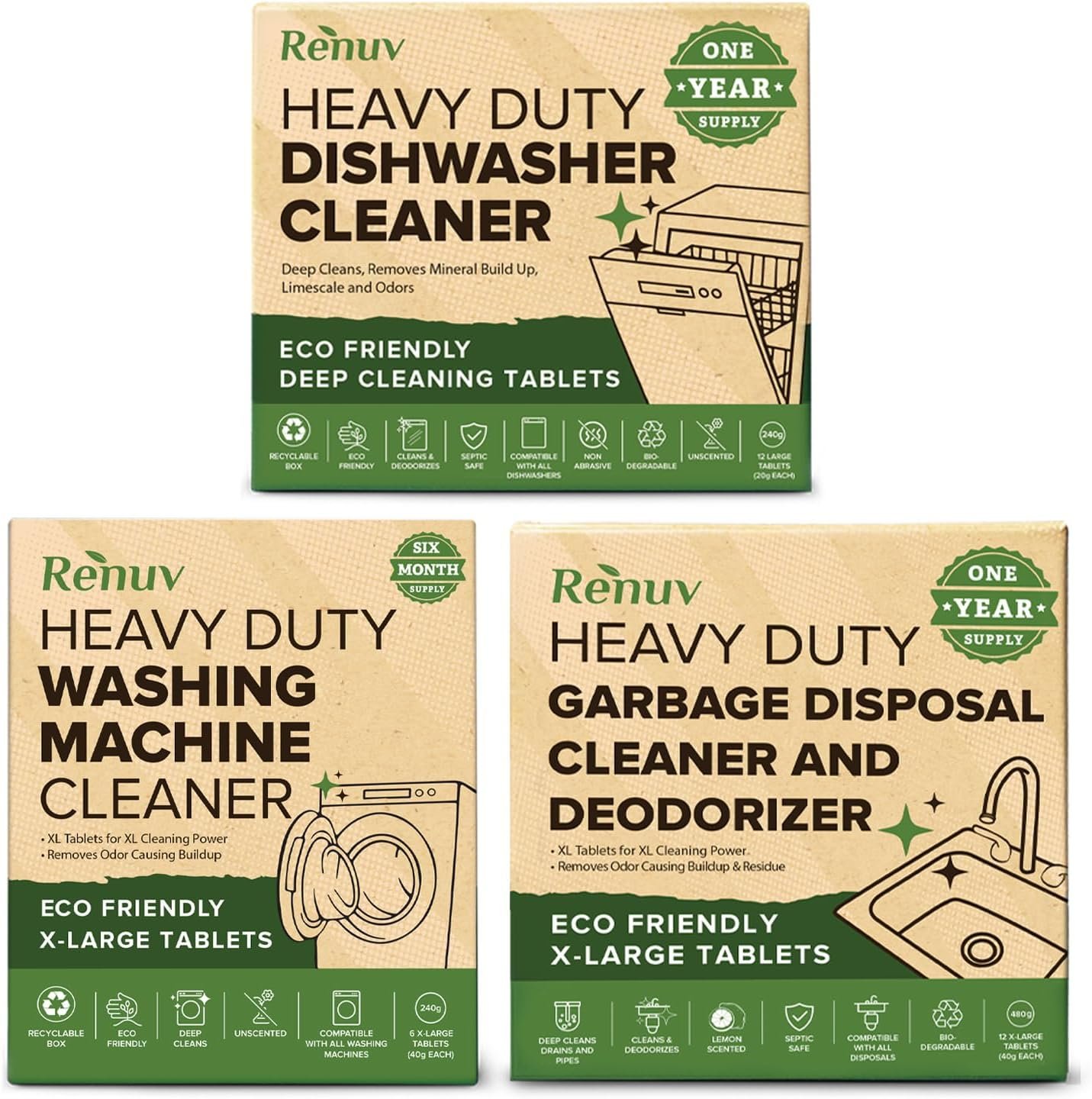 Renuv® Washing Machine + Dishwasher + Garbage Disposal Cleaner Bundle | Heavy Duty Home Appliance Deep Cleaning, Descaling, Deodorizing