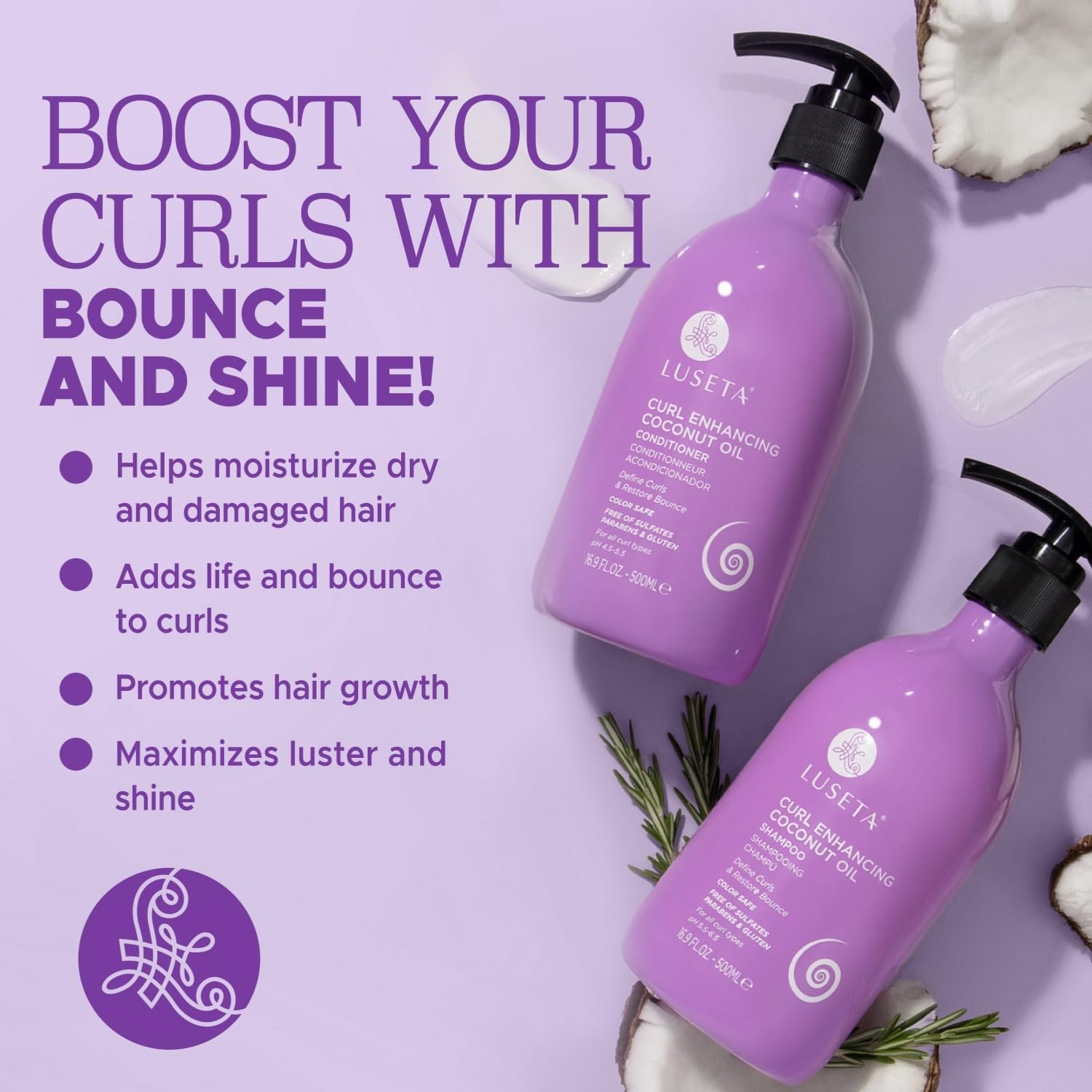 Luseta Curly Hair Shampoo and Conditioner Set with Coconut Oil, Unlimited Bounce and Definition for wavy and Coily hair, Reduce Frizz and Repair Dry Hair, for All Curl Types Sulfate Free 16.9Fl oz×2 - Image 2