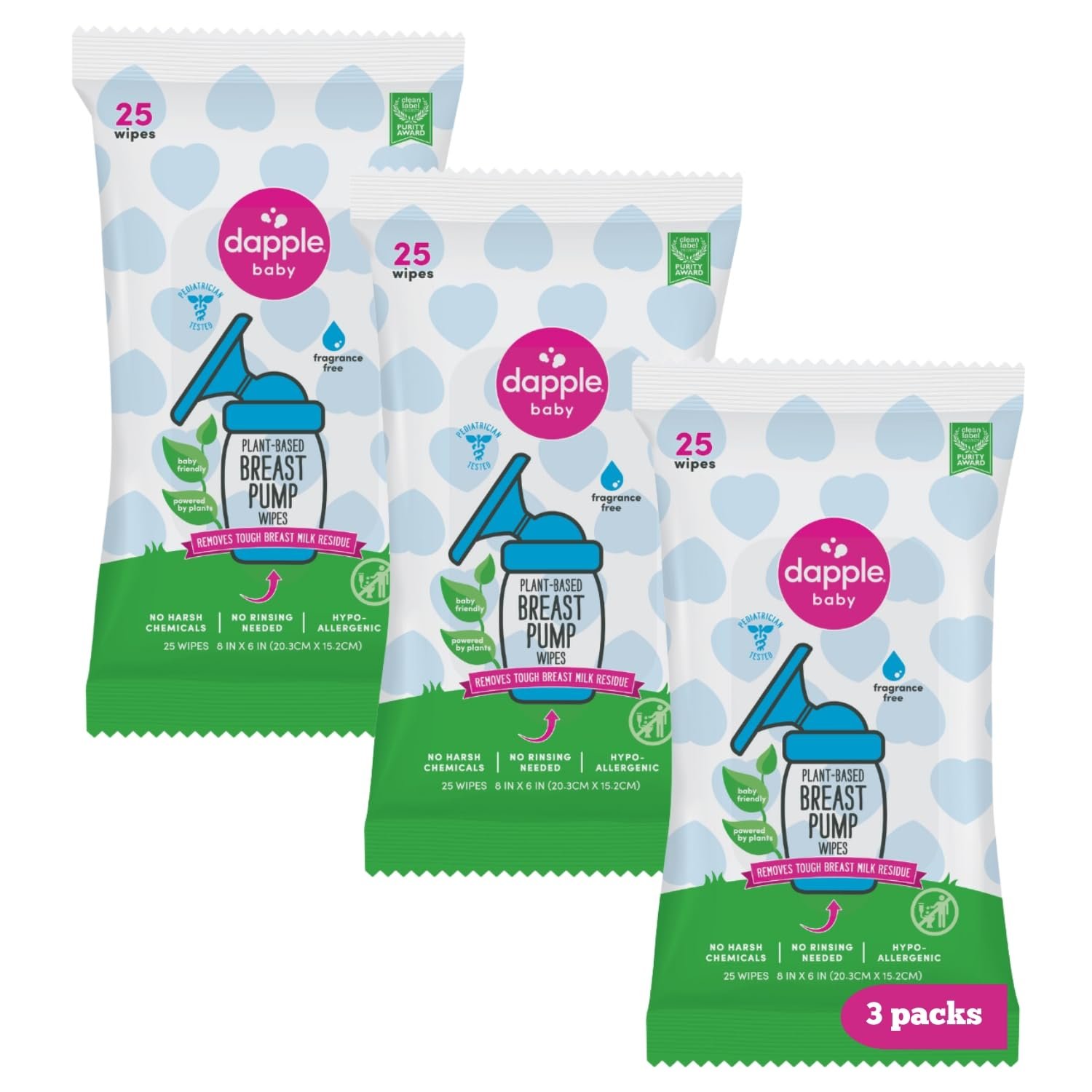 Dapple Baby Breast Pump Wipes - (3 Pack) 25 Count - Fragrance-Free, Plant-Powered & Hypoallergenic - Removes Milk Residue - Diaper Bag Essentials