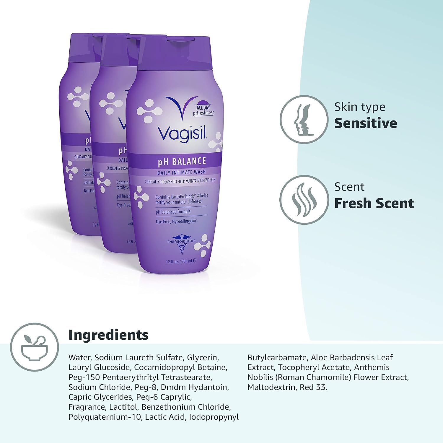 Vagisil Feminine Wash for Intimate Area Hygiene, pH Balance, Gynecologist Tested, Hypoallergenic, 12 oz, (Pack of 3) - Image 6