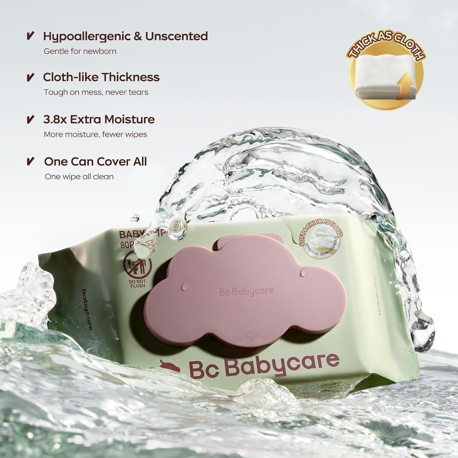 Bc Babycare Cloud Moist Baby Wipes, Thick & XL, 99% Water, Ultra-Hydrating, Unscented, Hypoallergenic for Sensitive Skin, Biodegradable, 3 Flip-Top, 240 Count - Image 2