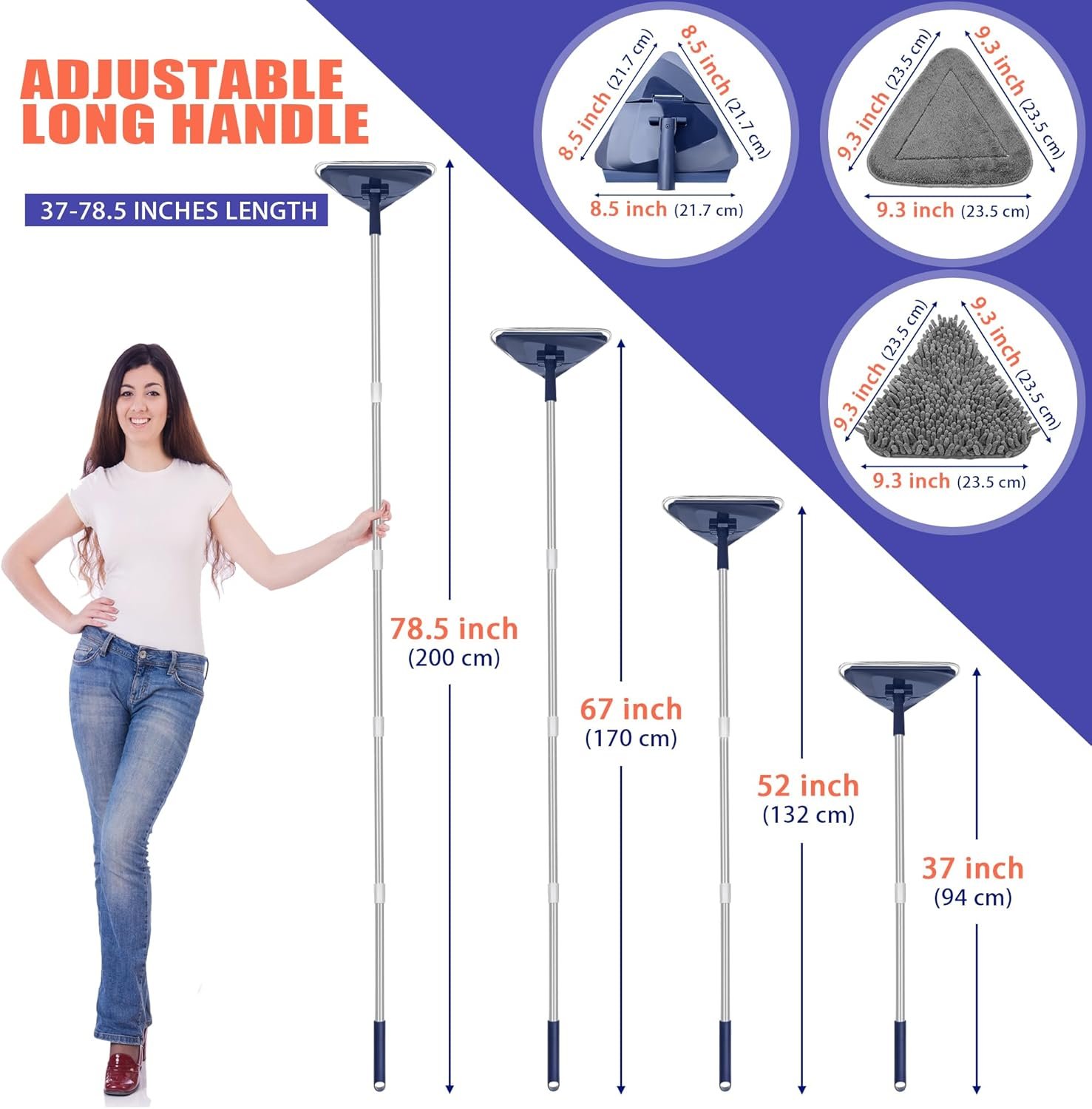 JEHONN Wall Cleaner Mop with Long Handle 82 Inches, 3-in-1 Ceiling Cleaning Tool Duster with 6 Replacement Microfiber Chenille Pads for Painted Walls, Window, Floor, Baseboard - Image 3