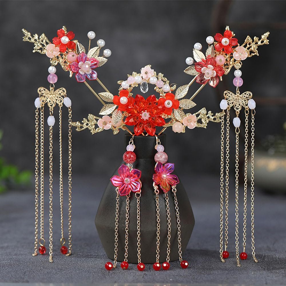 Traditional Chinese Wedding Hair Accessories, Red and Pink Pearl Flower Tassel Hairpins with Gold Chain, Vintage Hanfu Style Hair Clips, 5 Piece Set - Image 3