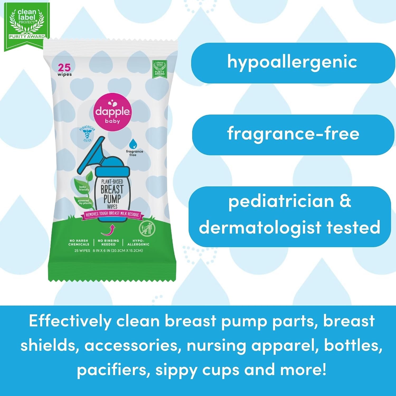 Dapple Baby Breast Pump Wipes - (3 Pack) 25 Count - Fragrance-Free, Plant-Powered & Hypoallergenic - Removes Milk Residue - Diaper Bag Essentials - Image 6