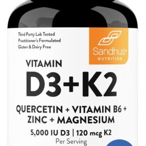 Sandhu’s Vitamin D3 K2 Magnesium 5000 IU, 120mcg K2 Capsules 120 Count (Pack of 1) | with VIT B6, Zinc & Quercetin | D3K2 Supports Superior Absorption, Energy, Immune, Muscle Health for Men & Women