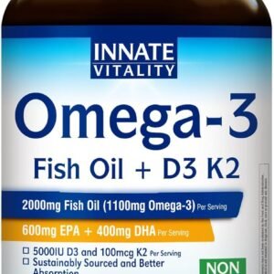 Innate Vitality Omega 3 Fish Oil Supplement, 2000mg Fish Oil Per Serving, EPA 600mg + DHA 400mg with Vitamins D3 K2, Supports Brain & Heart Health, Sustainable & Wild-Caught, 60 Softgels