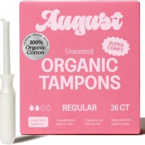 August Regular Tampons – Easy-Glide Long Applicators – 36-Pack 100% Organic Cotton Tampons for Women, Non-Toxic, Fragrance-Free, and Hypoallergenic