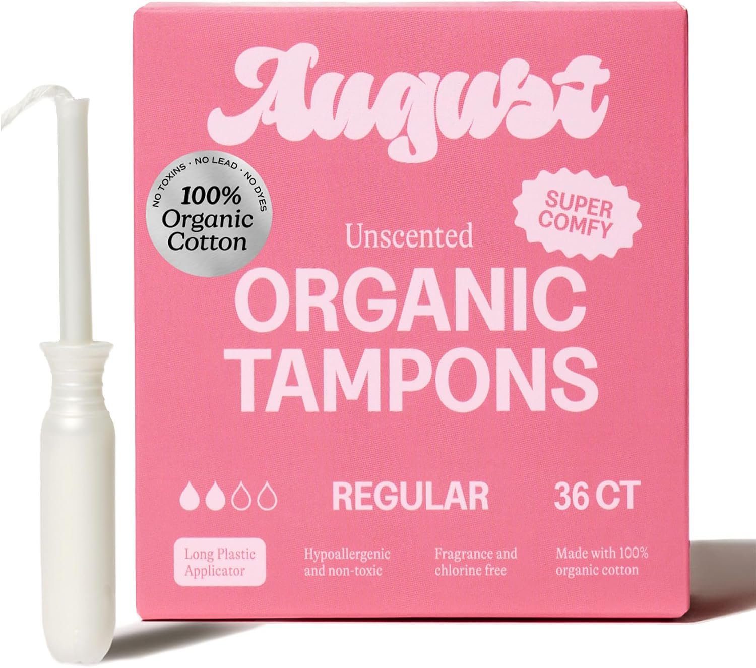 August Regular Tampons - Easy-Glide Long Applicators - 36-Pack 100% Organic Cotton Tampons for Women, Non-Toxic, Fragrance-Free, and Hypoallergenic