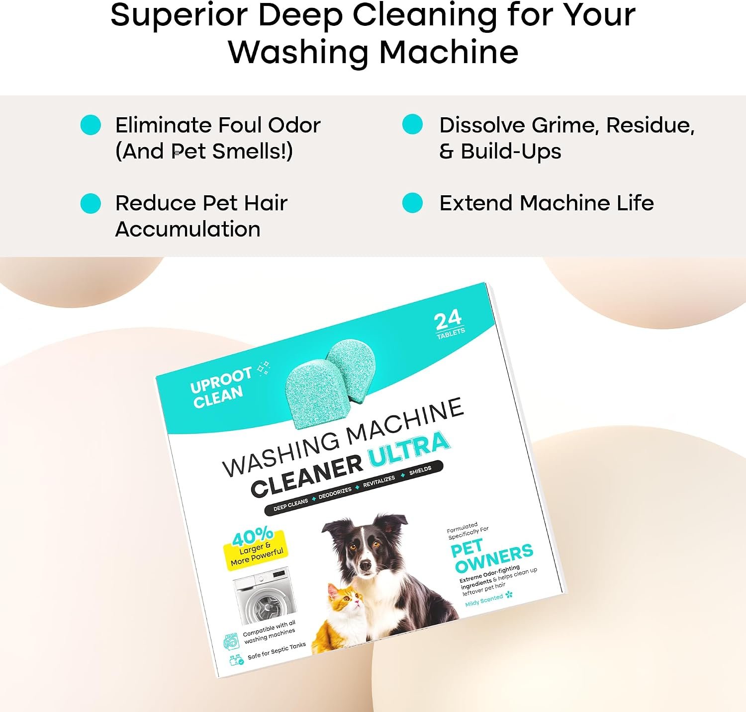 Uproot Clean Washing Machine Cleaner Tablets Ultra - 40% Stronger Formula: Designed for Pet Owners, Remove Residue, Grime & Odors, Compatible with HE, Top & Front Load, 24 Pack - 12 Month Supply - Image 3