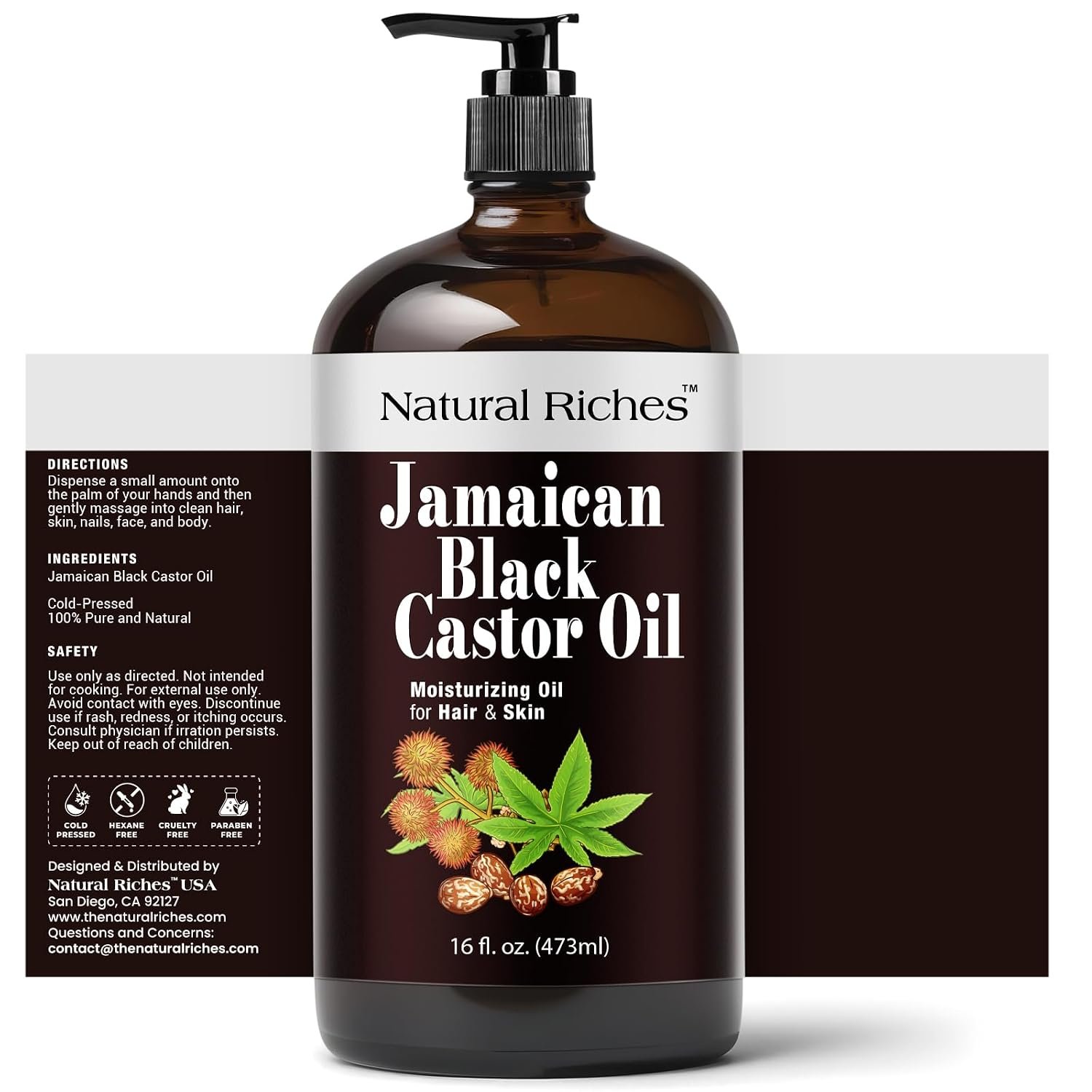 Natural Riches Jamaican Black Castor Oil Glass Bottle Pure Organic Cold Pressed for Hair Growth Skin Care for Dry Skin Conditioning Eyebrows Eyelashes Scalp and Nail Moisturizes & Repairs 16fl.oz. - Image 2