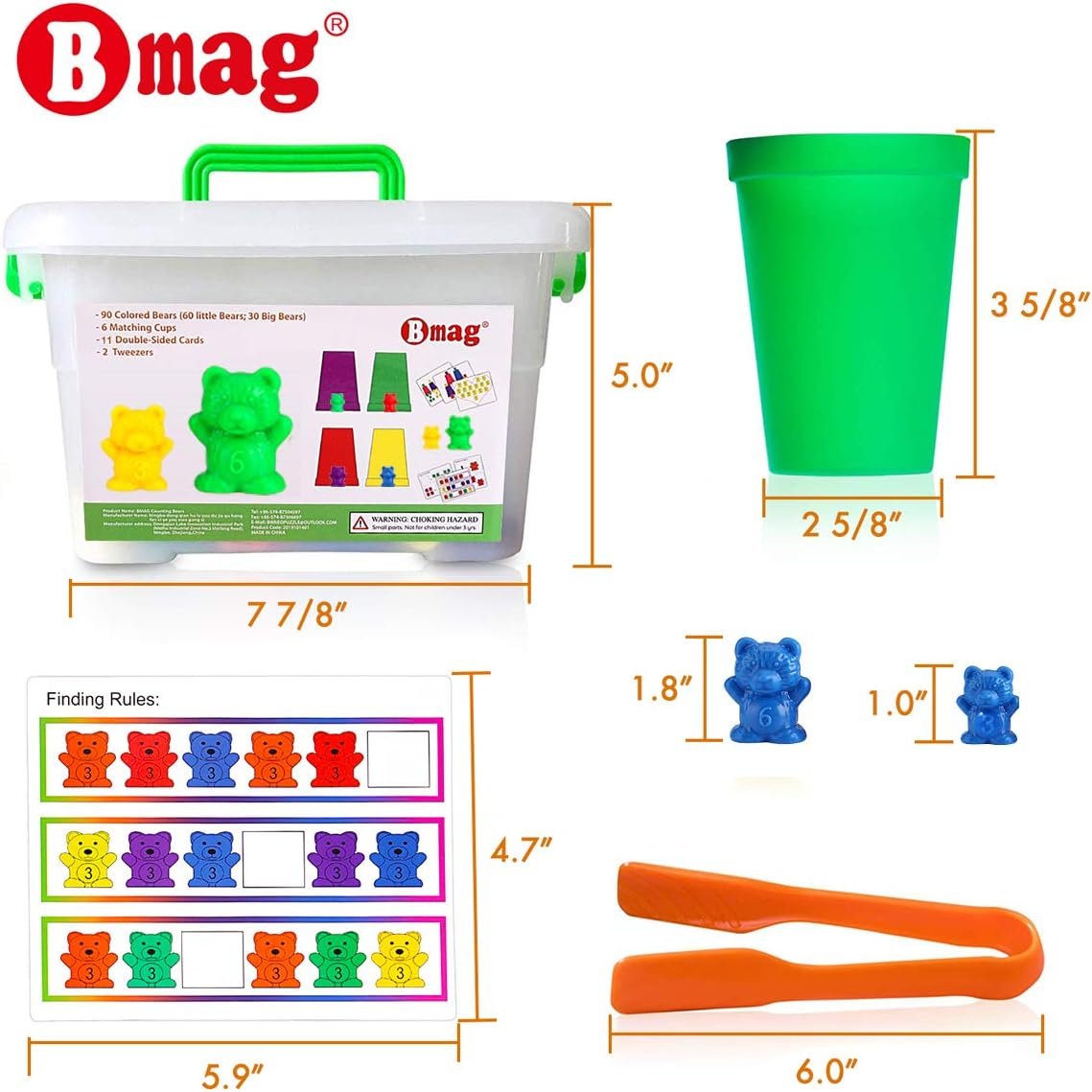 Bmag Counting Bears with Matching Sorting Cups,Number Color Recognition STEM Educational Toy for Toddler, Pre-School Learning Toy with 90 Bears,2 Tweezers,11 Activity Cards,1 Storage Box - Image 6