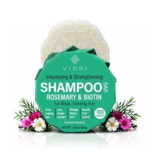 Viori Rosemary Shampoo Bar with Biotin – Rice Water Shampoo Bar for Thinning Hair – Strengthening, Shine, Scalp Care – Plastic Free – Travel Friendly