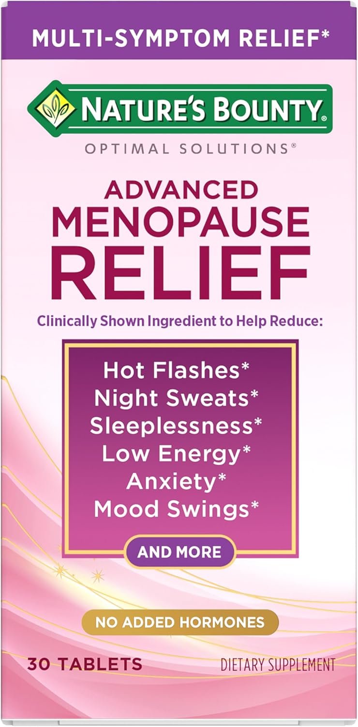 Nature’s Bounty Optimal Solutions Advanced Menopause Relief Supplements for Women with Hot Flash and Night Sweats, No added Hormones, Drug-Free, 30 Tablets, 30 Total Servings