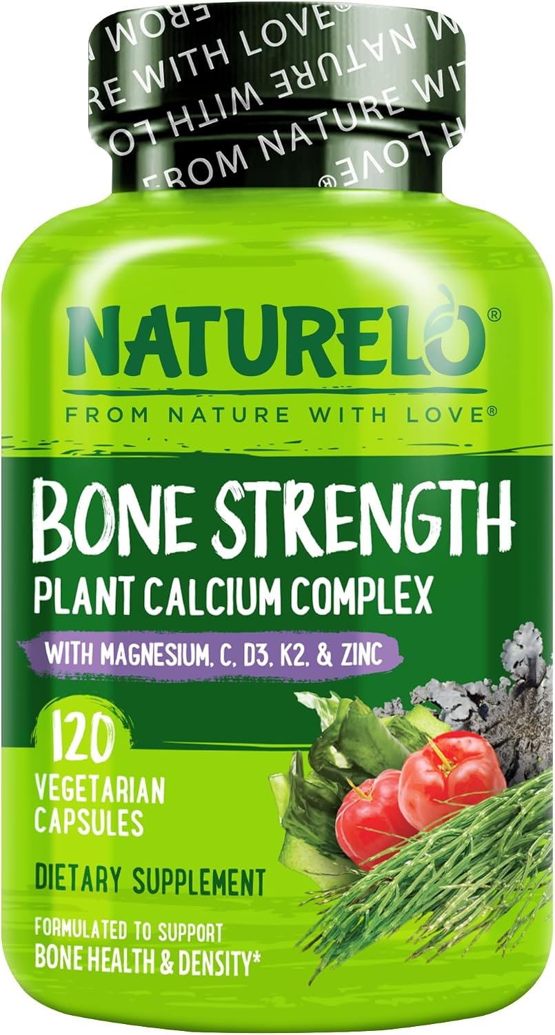 NATURELO Calcium Supplement - with Vitamin C, Vitamin D3, K2, and Calcium Magnesium Zinc for Bone Strength with Calcium 600mg - Plant-Based, 120 Vegetarian Capsules, Non-GMO, Soy & Gluten-Free